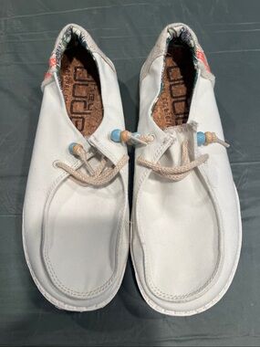 Hey Dude White Canvas Slip-On Sneakers with Blue Bead Accents
